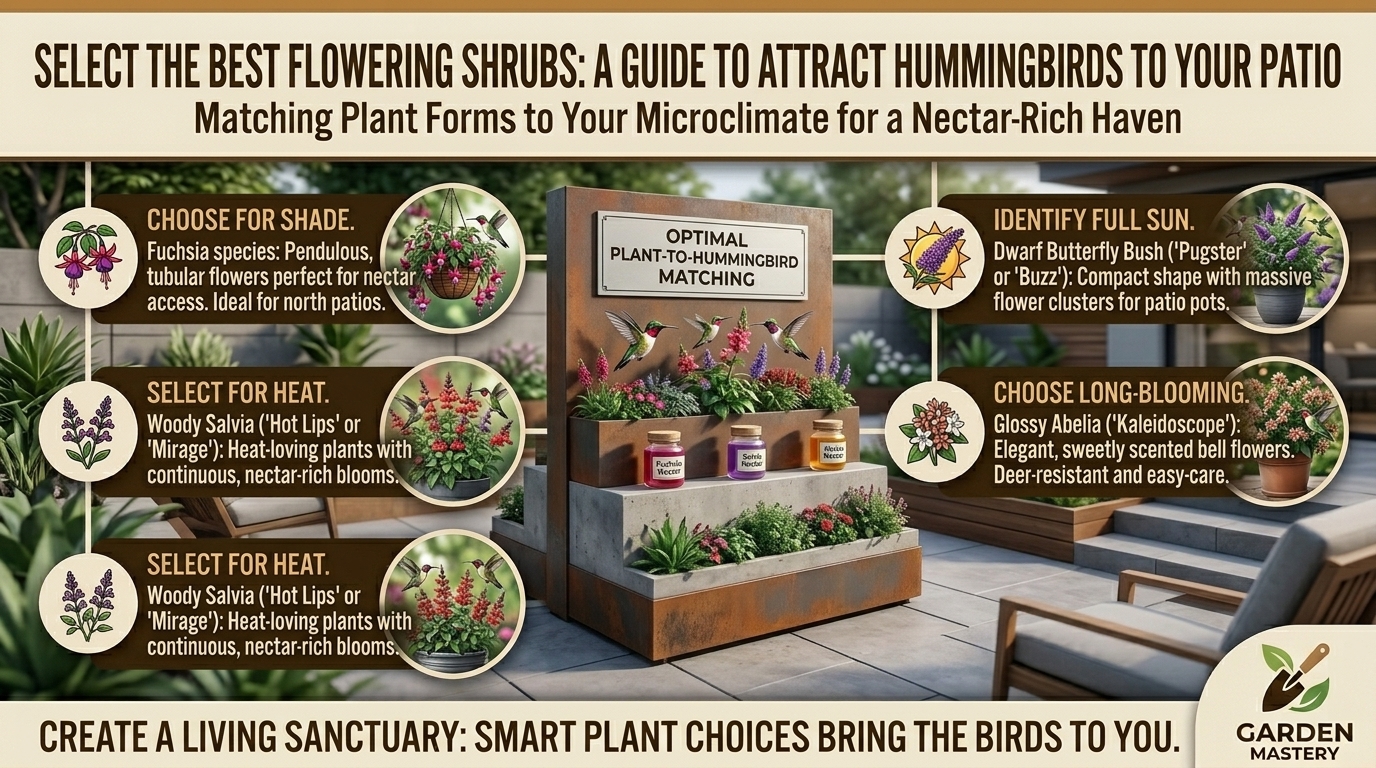 What are the best flowering shrubs to attract hummingbirds to your backyard patio space.