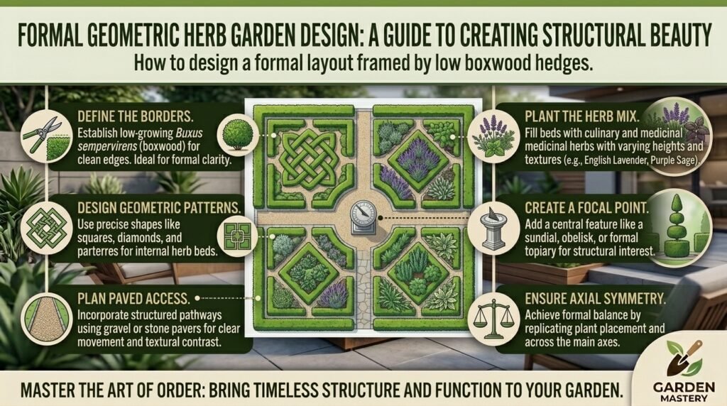 How to design a formal geometric herb garden layout framed by low boxwood hedges.