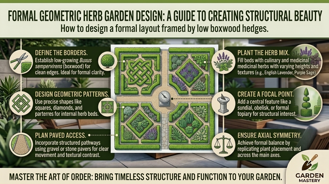 How to design a formal geometric herb garden layout framed by low boxwood hedges.