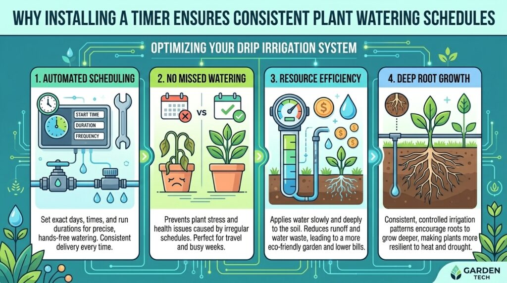 Why installing a timer on your drip irrigation system ensures consistent plant watering schedules.