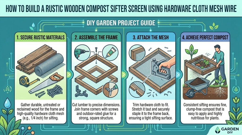 How to build a rustic wooden compost sifter screen using hardware cloth mesh wire.