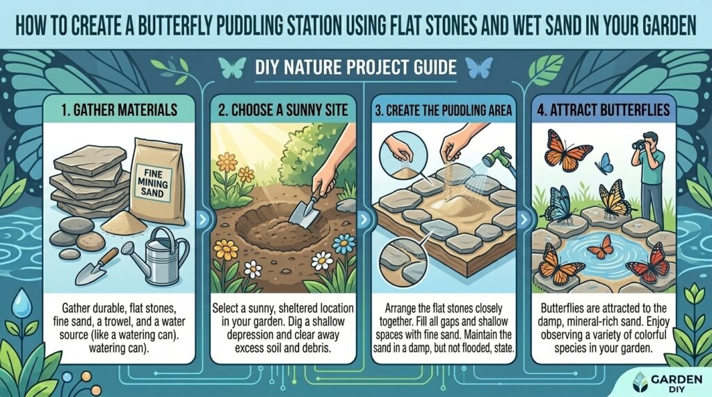 How to create a butterfly puddling station using flat stones and wet sand in your garden.