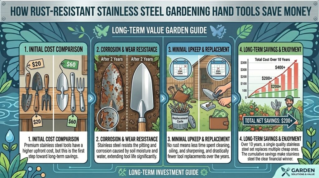 Why selecting rust-resistant stainless steel gardening hand tools saves money over time.