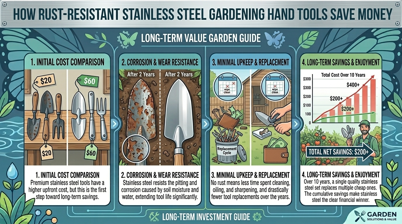 Why selecting rust-resistant stainless steel gardening hand tools saves money over time.