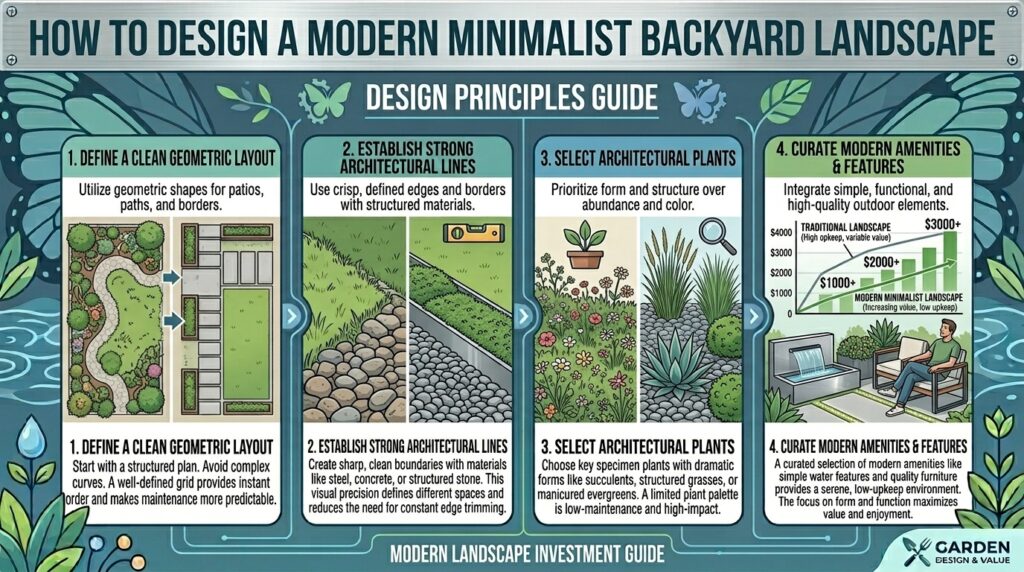 How to design a modern minimalist backyard landscape with clean lines and architectural plants.