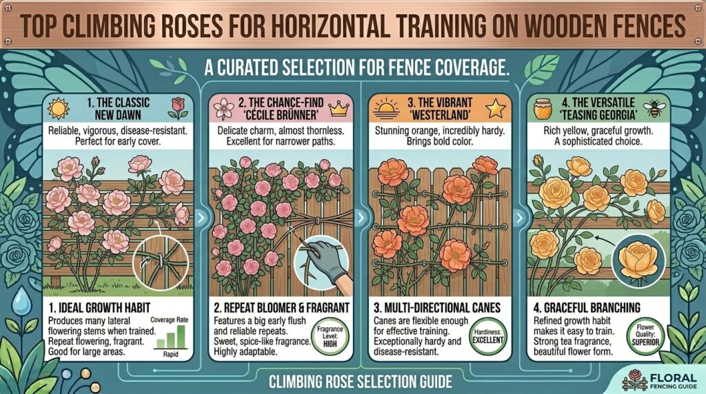 What are the best climbing roses to train horizontally along wooden fence paneling.