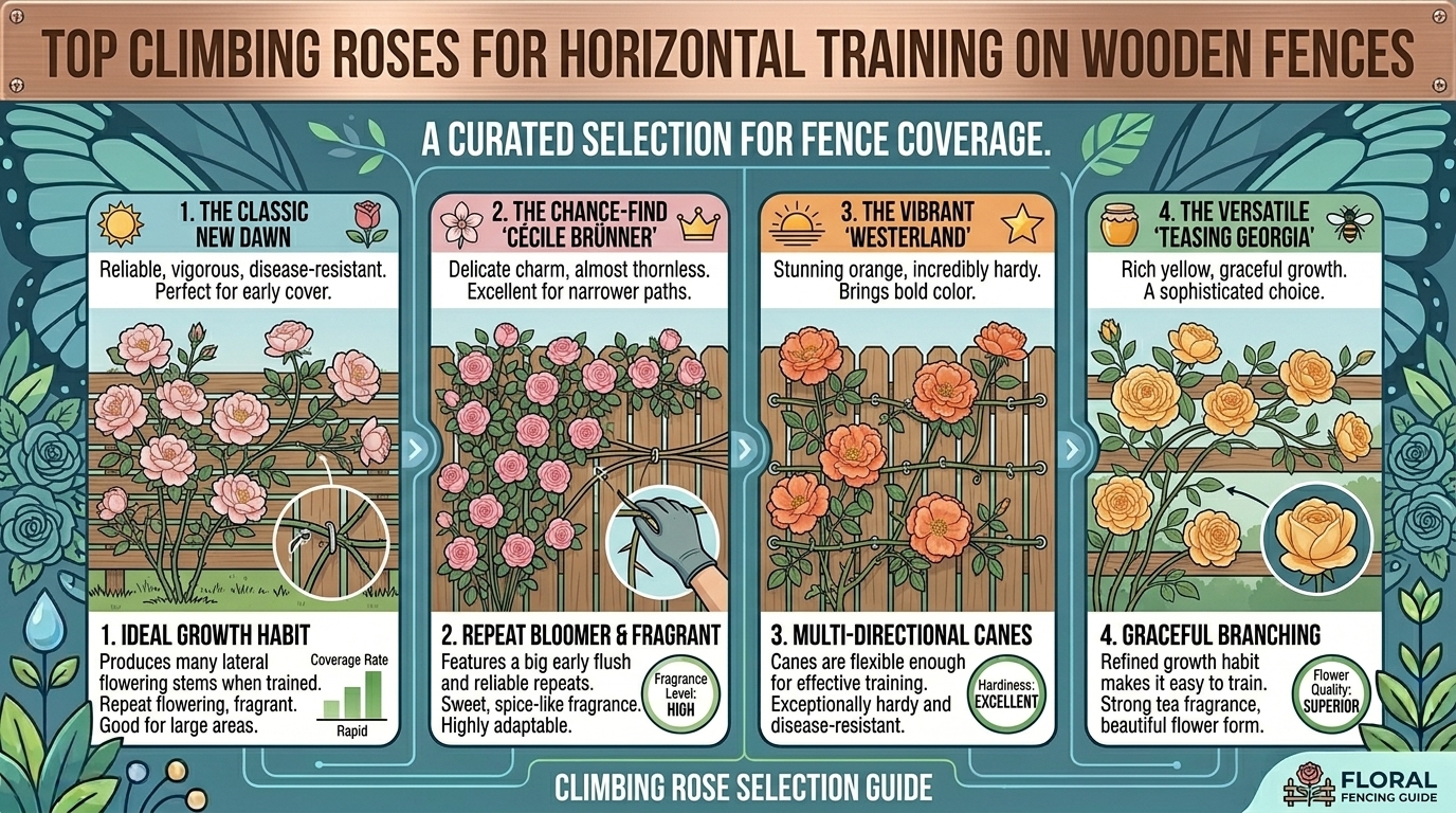 What are the best climbing roses to train horizontally along wooden fence paneling.
