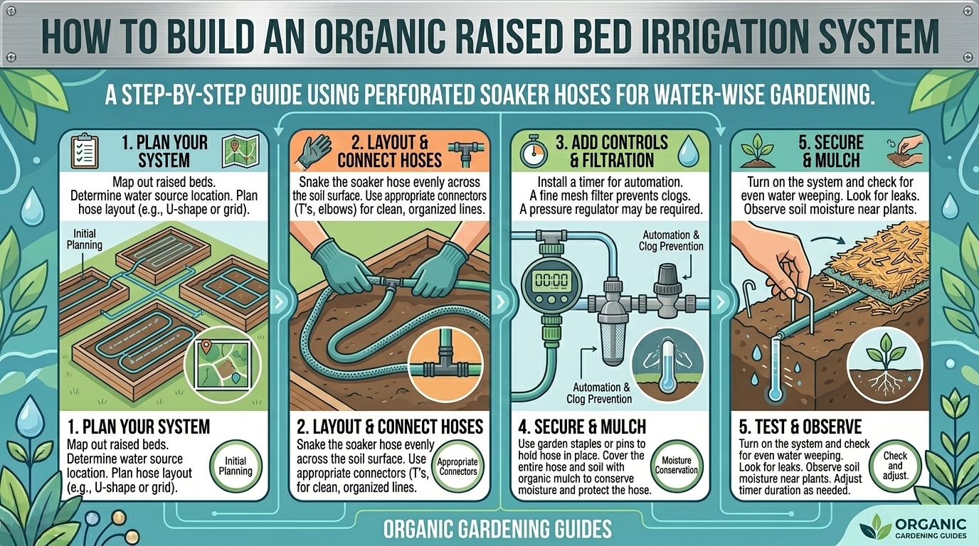 How to build an organic raised bed irrigation system using perforated soaker hoses.