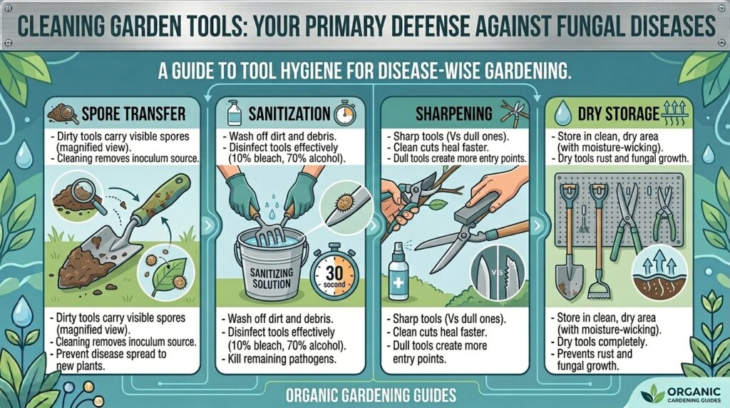 Why proper seasonal cleanup of garden tools prevents the spread of plant fungal diseases.