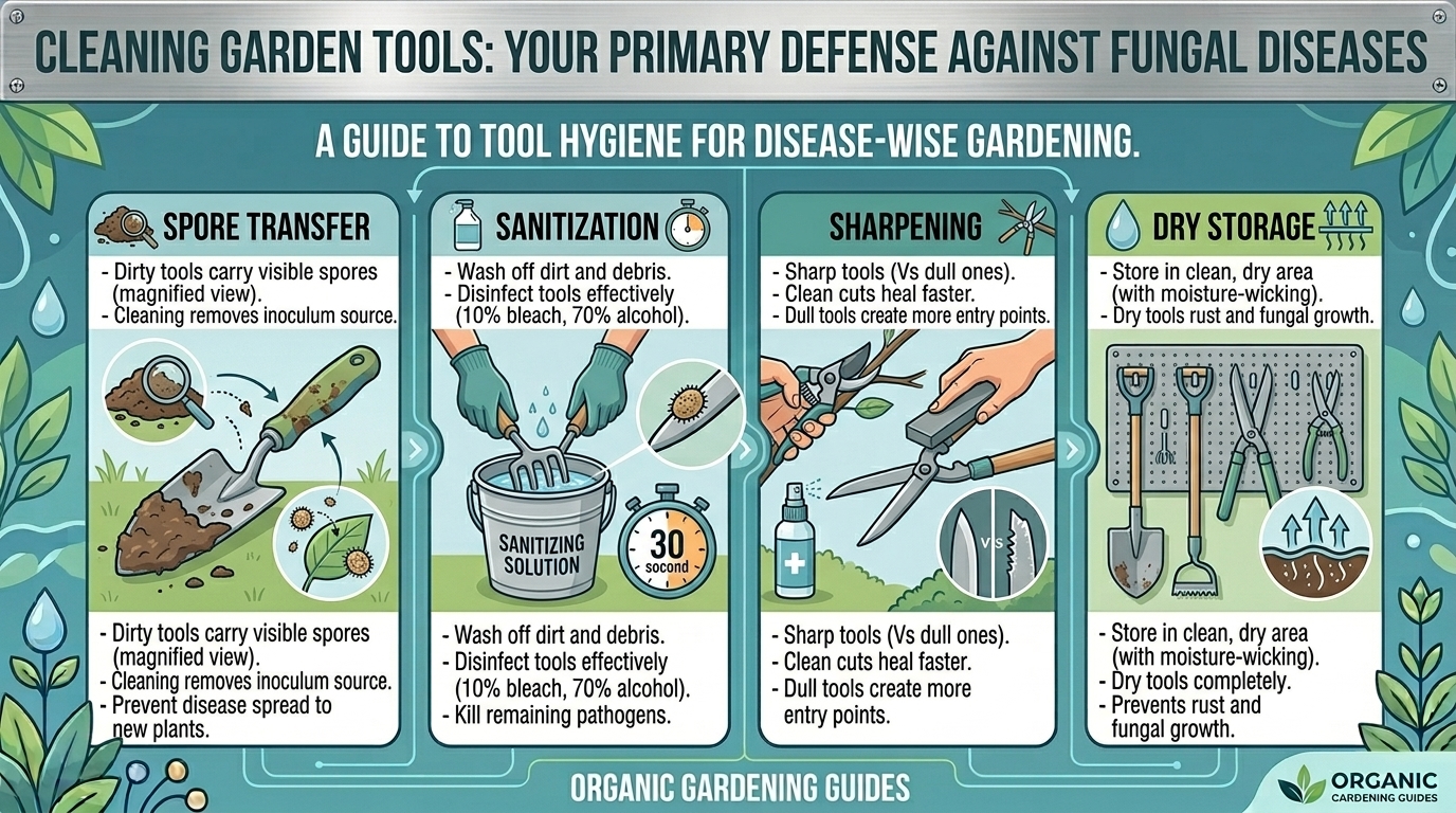 Why proper seasonal cleanup of garden tools prevents the spread of plant fungal diseases.