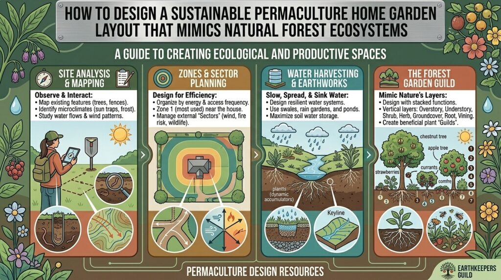 How to design a sustainable permaculture home garden layout that mimics natural forest ecosystems.