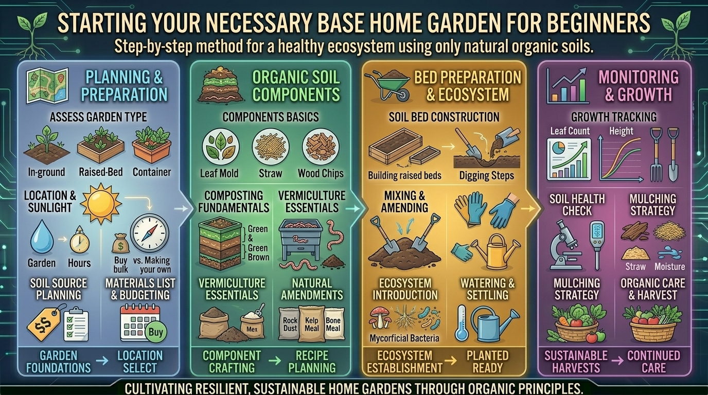How to set up a necessary base home garden for beginners using only natural organic soils?