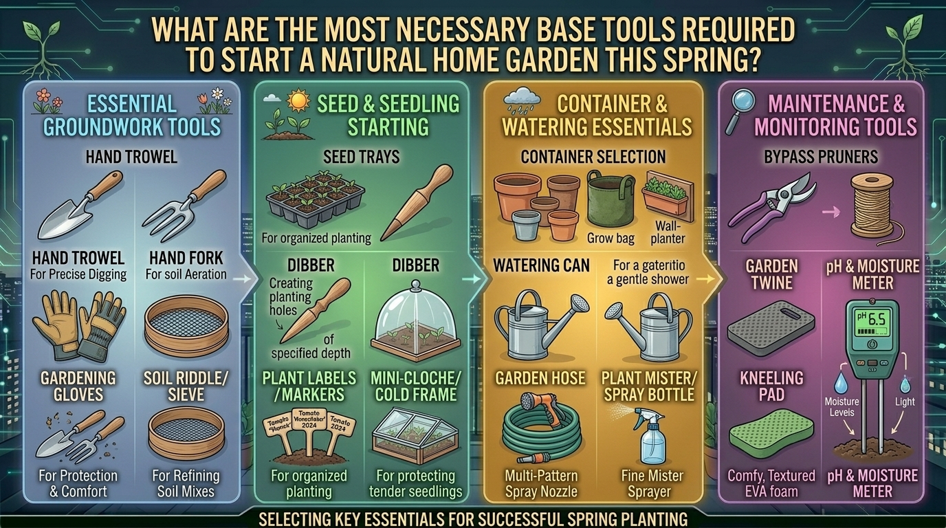 What are the most necessary base tools required to start a natural home garden this spring?