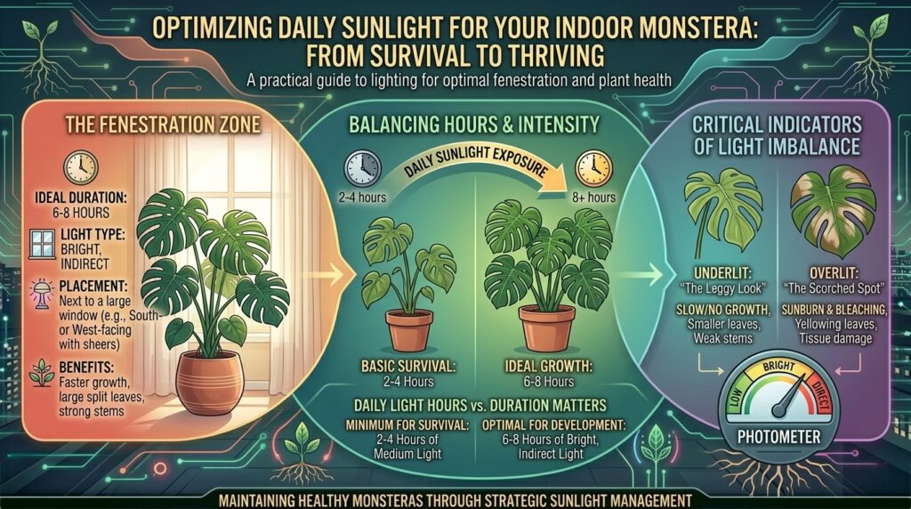 How much daily sunlight do natural indoor potted monstera plants actually need to survive indoors?