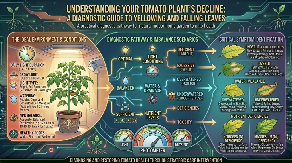 Why are the leaves on my natural indoor home garden tomato plants turning yellow and falling off?