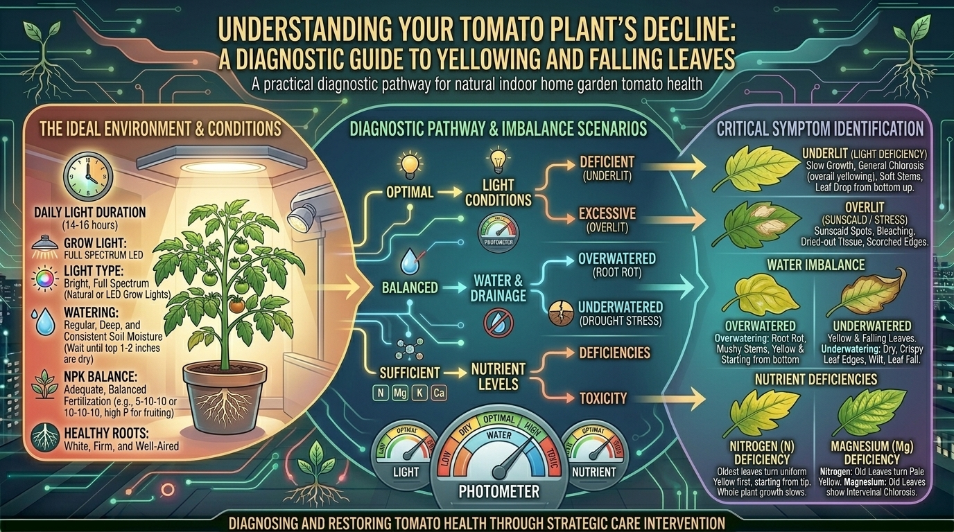Why are the leaves on my natural indoor home garden tomato plants turning yellow and falling off?