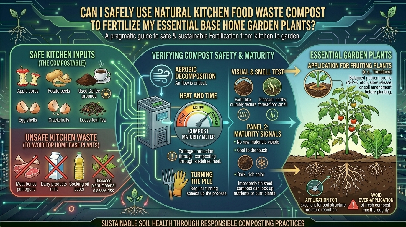 Can I safely use natural kitchen food waste compost to fertilize my essential base home garden plants?
