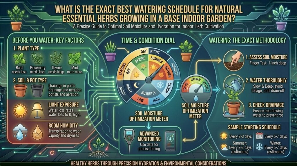 What is the exact best watering schedule for natural essential herbs growing in a base indoor garden?