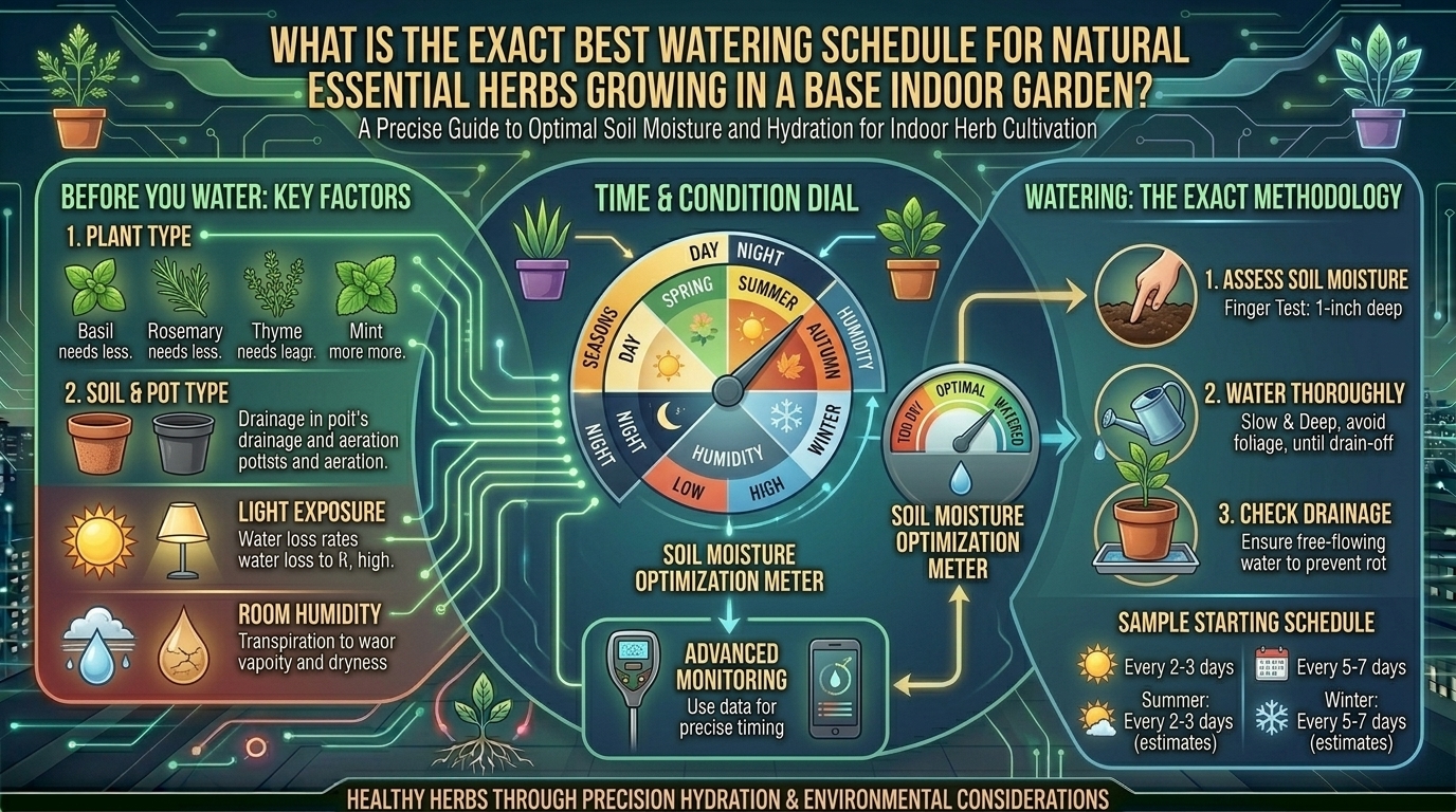 What is the exact best watering schedule for natural essential herbs growing in a base indoor garden?