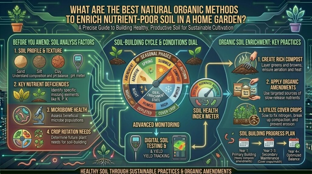 What are the best natural organic methods to enrich nutrient-poor soil in a home garden?