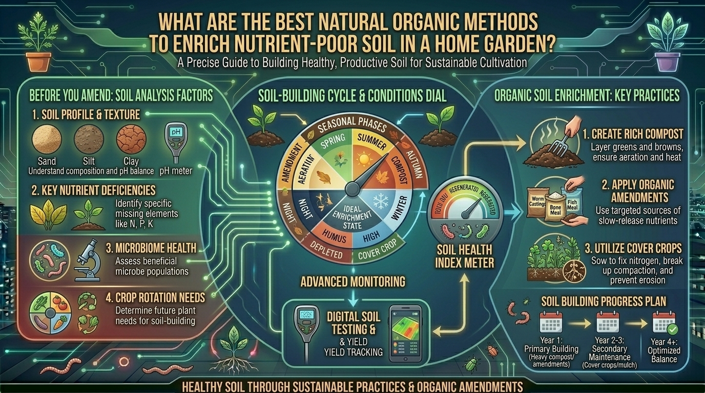 What are the best natural organic methods to enrich nutrient-poor soil in a home garden?