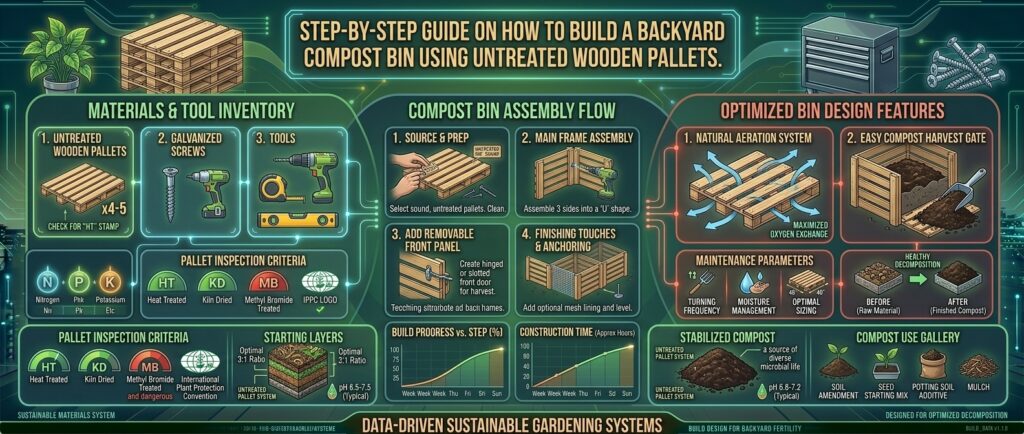 Step-by-step guide on how to build a backyard compost bin using untreated wooden pallets.