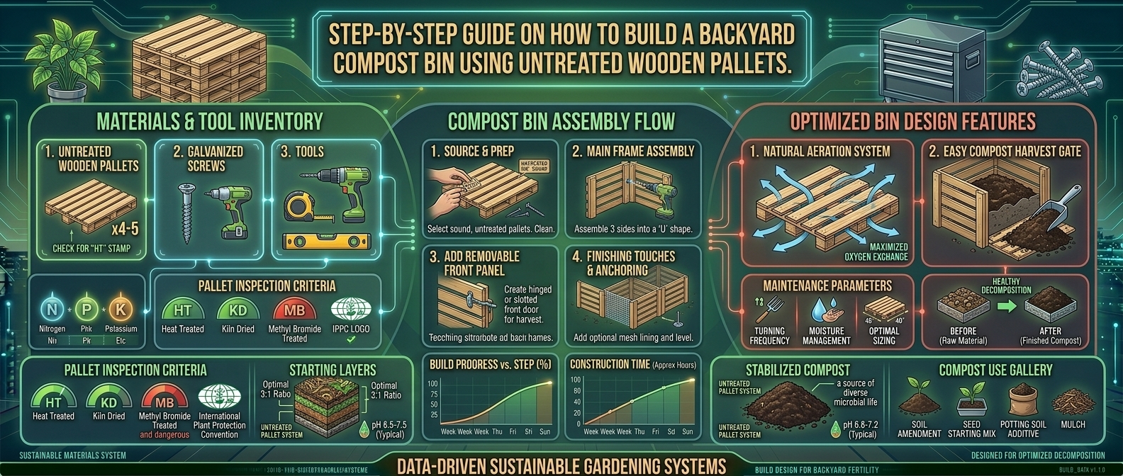 Step-by-step guide on how to build a backyard compost bin using untreated wooden pallets.