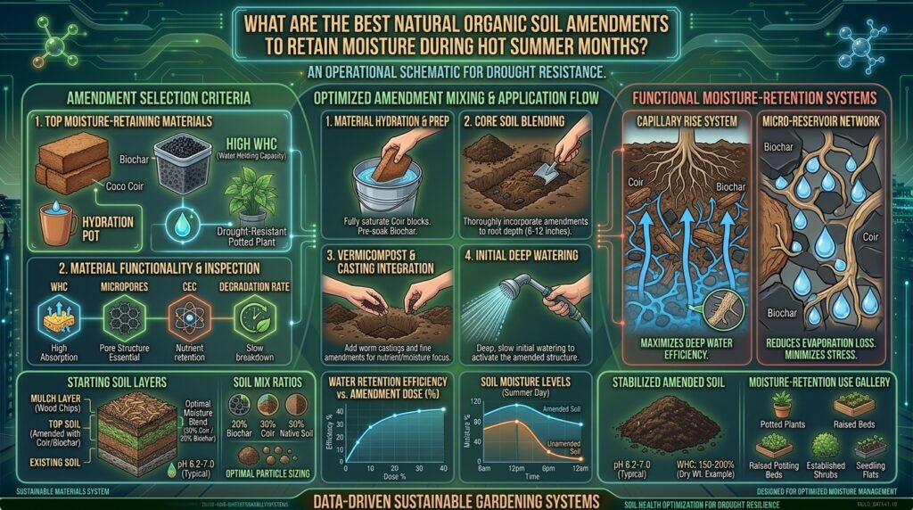 What are the best natural organic soil amendments to retain moisture during hot summer months?