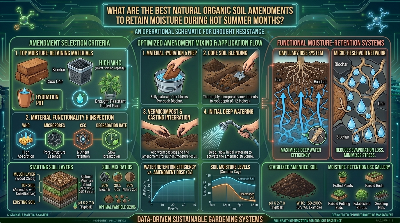 What are the best natural organic soil amendments to retain moisture during hot summer months?