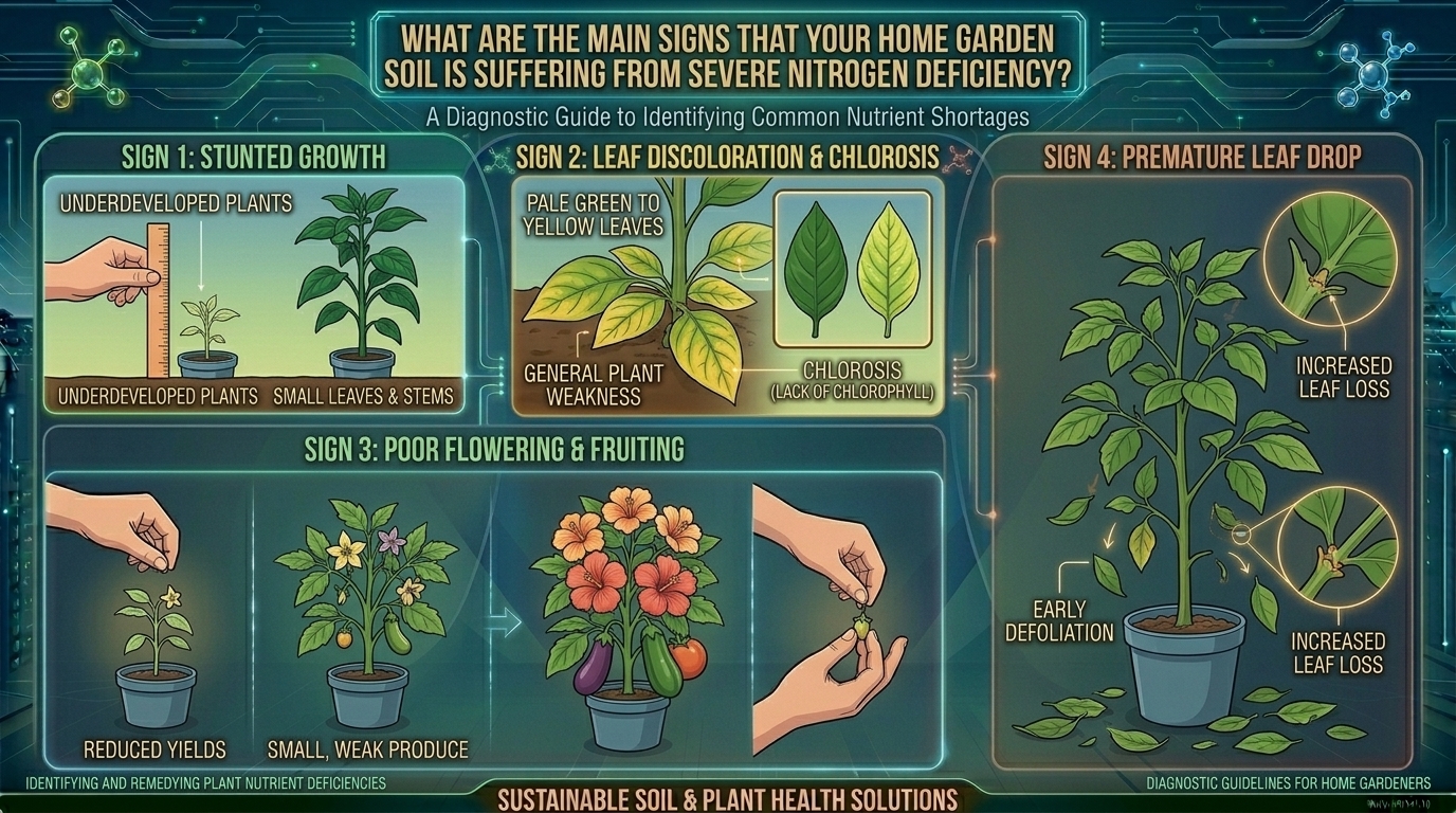 What are the main signs that your home garden soil is suffering from severe nitrogen deficiency?