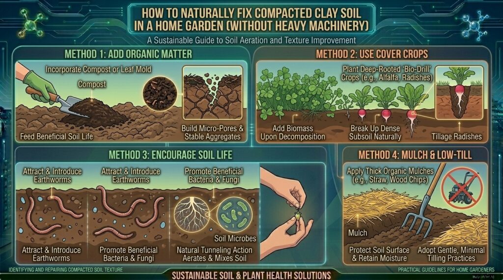 How to naturally fix compacted clay soil in a home garden without using heavy machinery.
