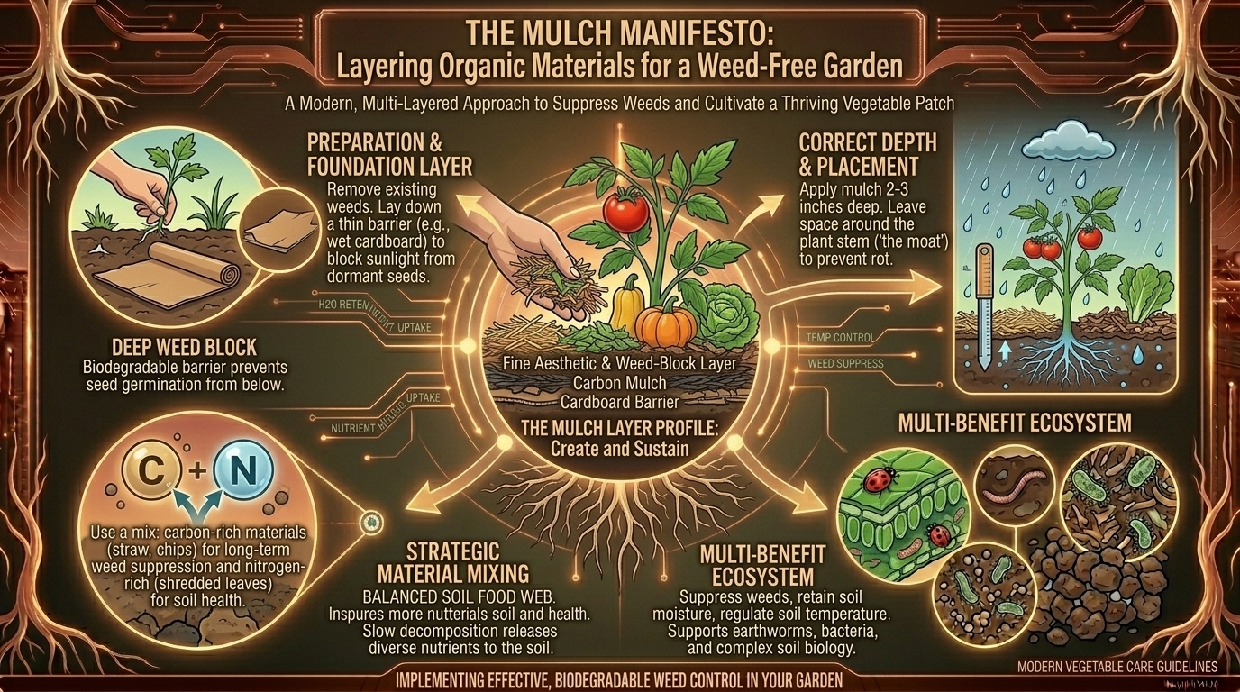 How to properly layer organic mulch around your vegetable plants to suppress annoying weed growth.
