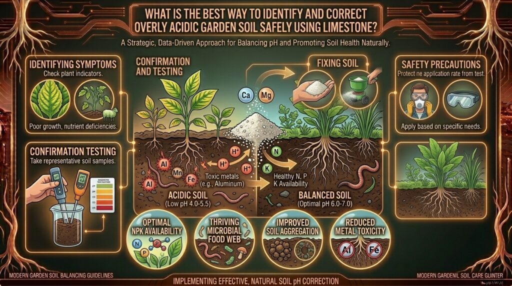 How to identify and fix overly acidic garden soil using natural agricultural limestone powder safely.