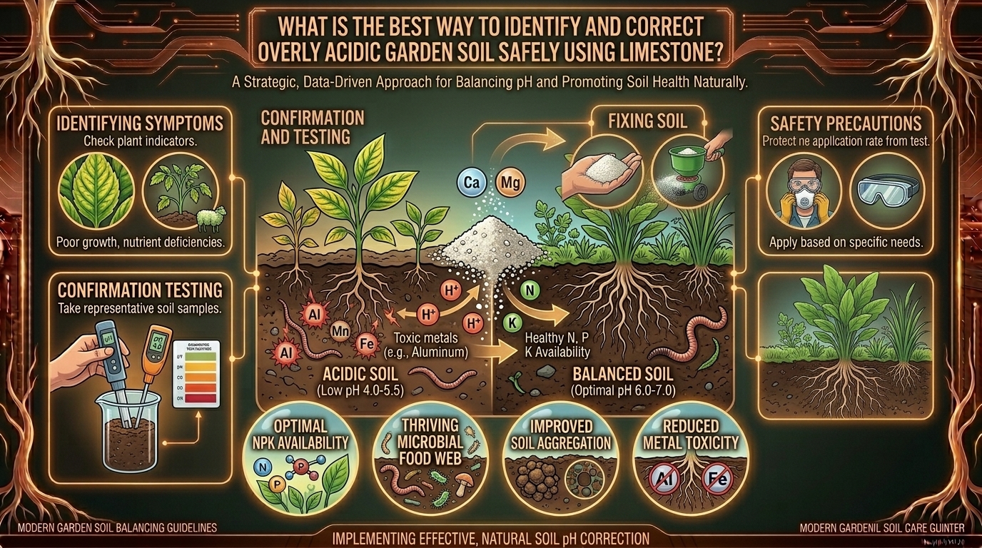 How to identify and fix overly acidic garden soil using natural agricultural limestone powder safely.