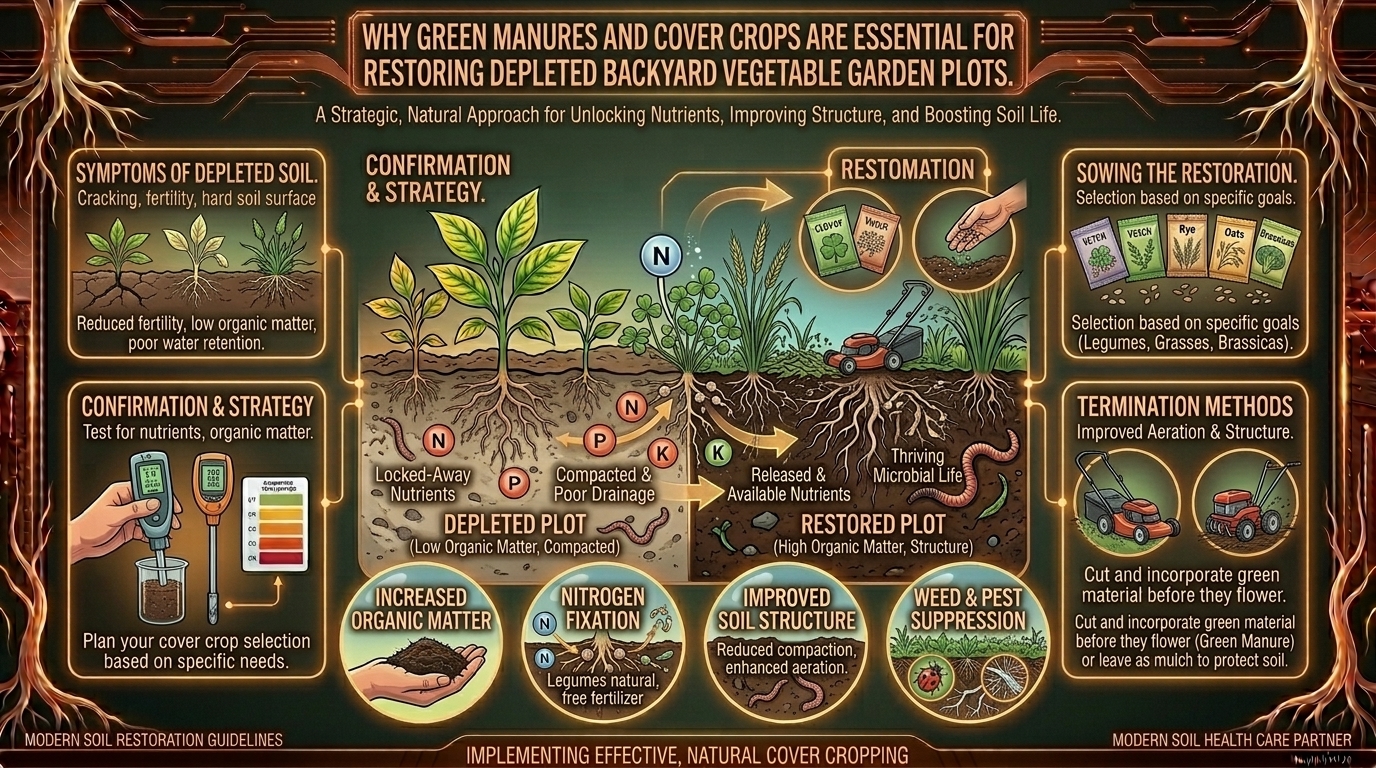Why green manures and cover crops are essential for restoring depleted backyard vegetable garden plots.