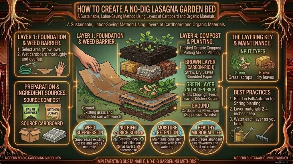 How to create a no-dig lasagna garden bed using layers of cardboard and organic compost.