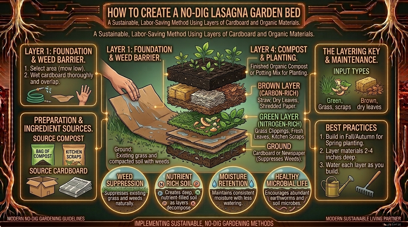 How to create a no-dig lasagna garden bed using layers of cardboard and organic compost.