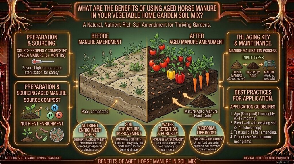 What are the benefits of using aged horse manure in your vegetable home garden soil mix?