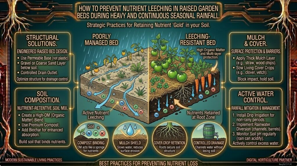 How to prevent nutrient leeching in raised garden beds during heavy and continuous seasonal rainfall.