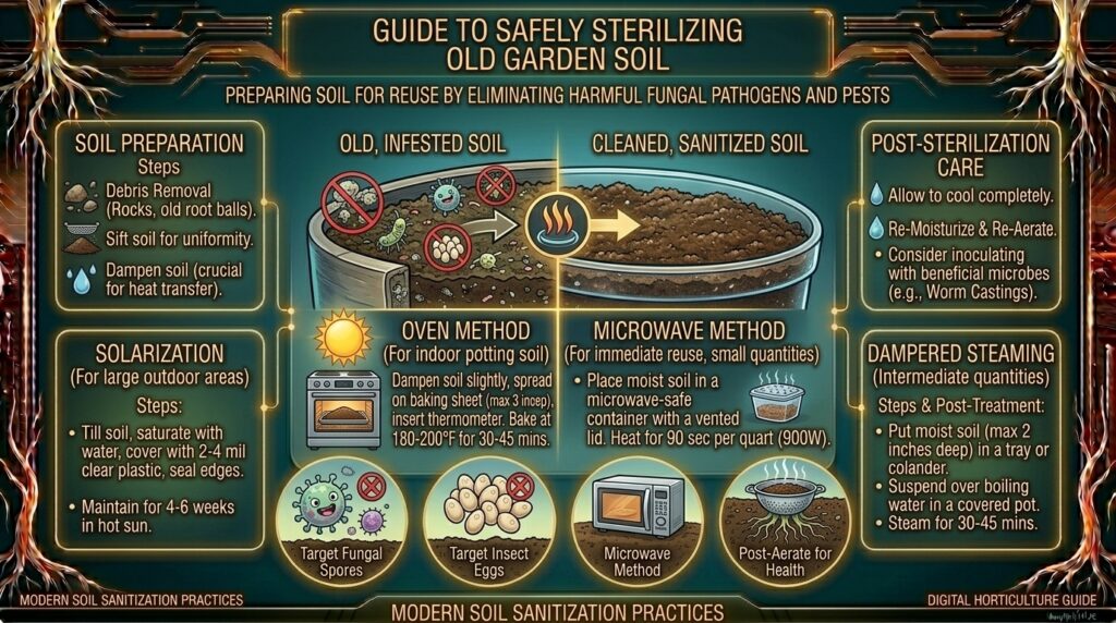 How to safely sterilize old garden soil to remove harmful fungal spores and insect eggs.