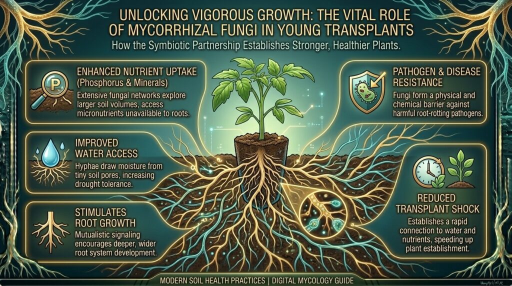 Why beneficial mycorrhizal fungi are necessary for establishing strong root systems in young garden transplants.