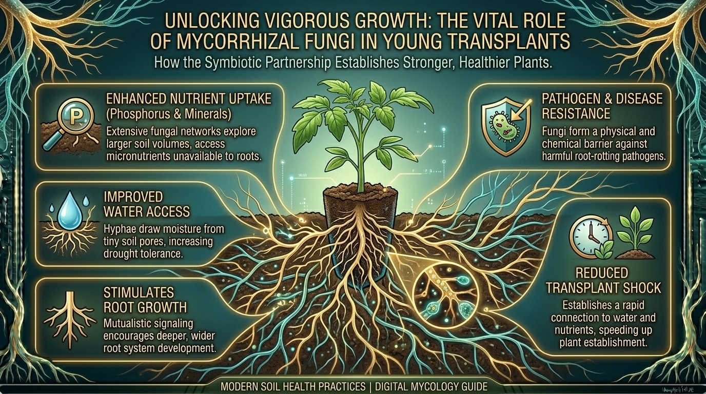 Why beneficial mycorrhizal fungi are necessary for establishing strong root systems in young garden transplants.