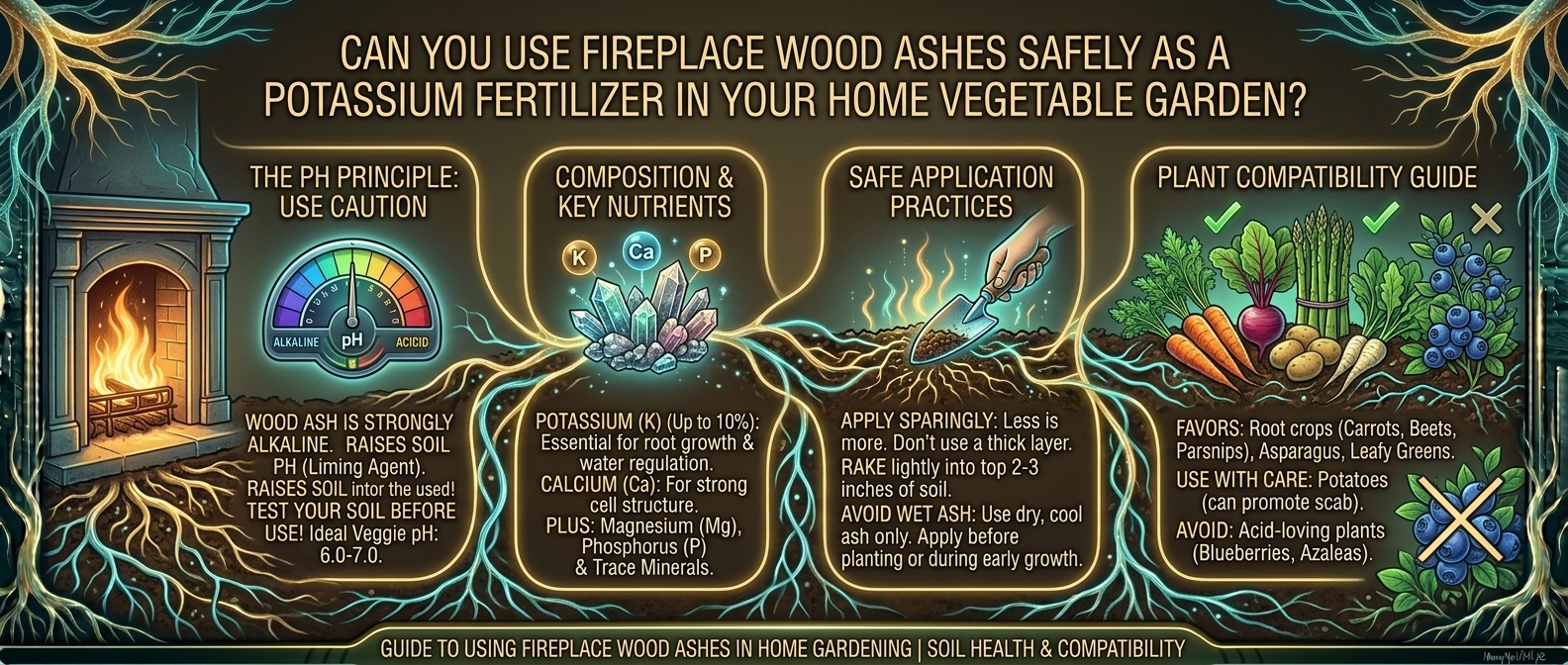 Can you use fireplace wood ashes safely as a potassium fertilizer in your home vegetable garden?