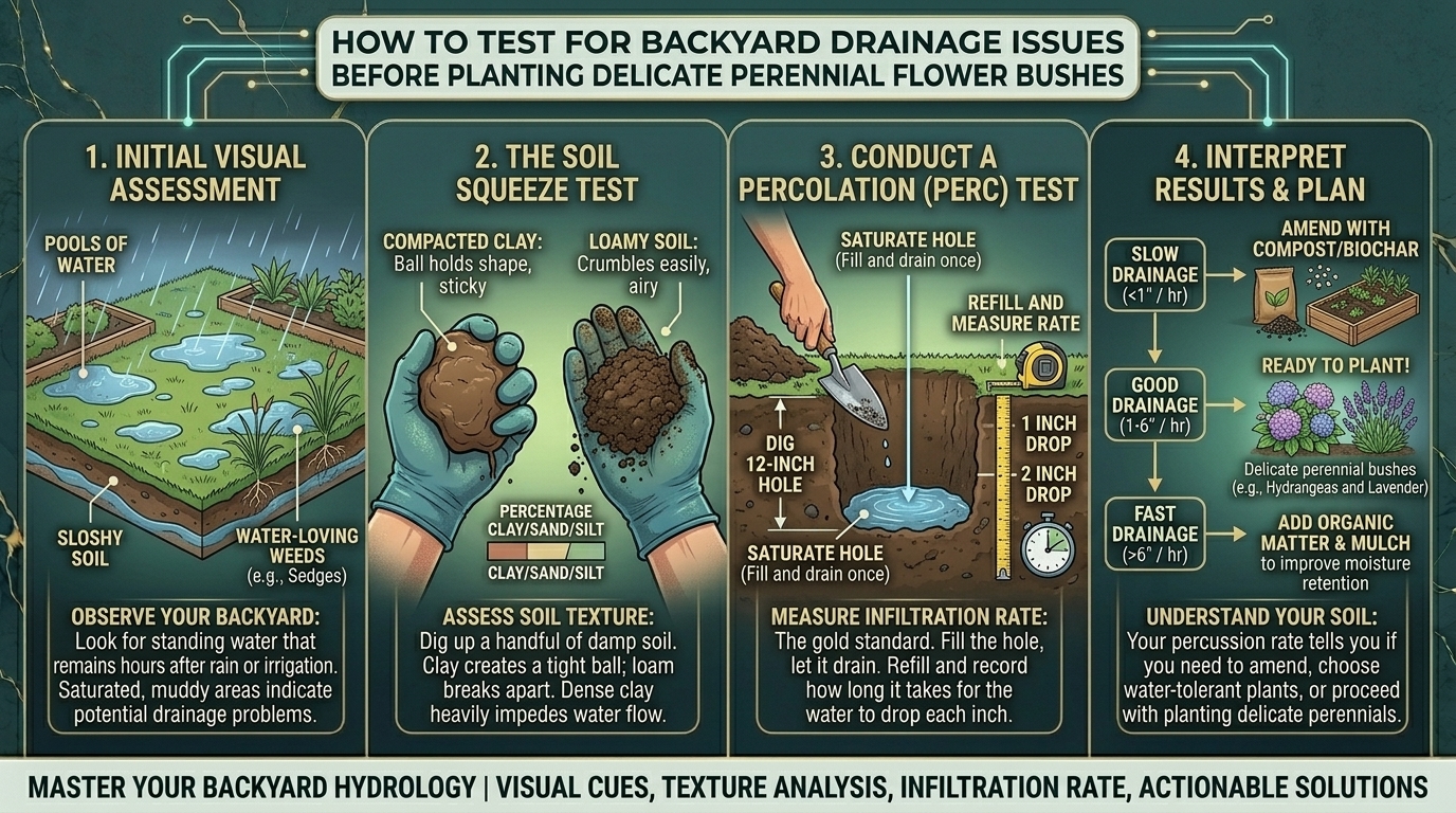 How to test for drainage issues in your backyard before planting delicate perennial flower bushes.