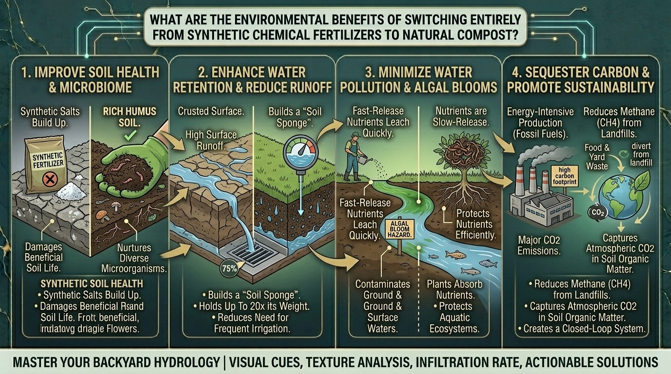 What are the environmental benefits of switching entirely from synthetic chemical fertilizers to natural compost?