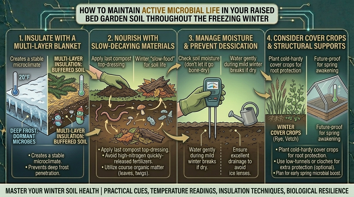 How to maintain active microbial life in your raised bed garden soil throughout the freezing winter.