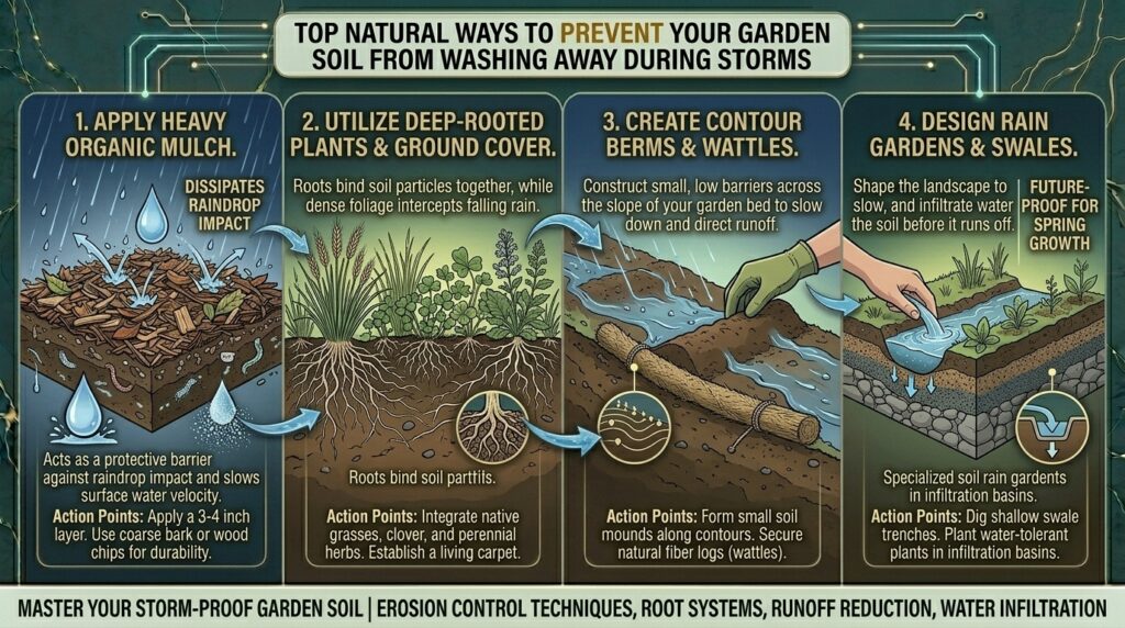What are the top natural ways to prevent your garden soil from washing away during storms?