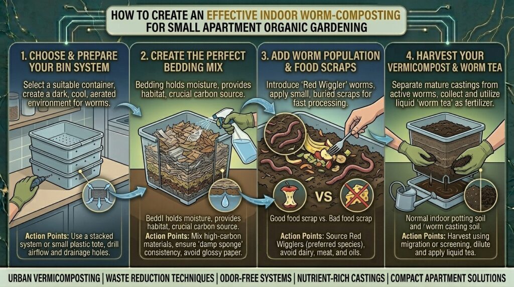 How to create an effective worm-composting bin indoors for small apartment organic gardening projects.
