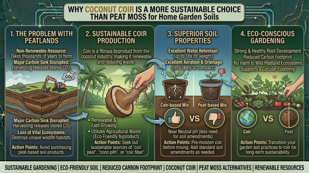 Why peat moss alternatives like coconut coir are better for sustainable home garden soil mixtures.
