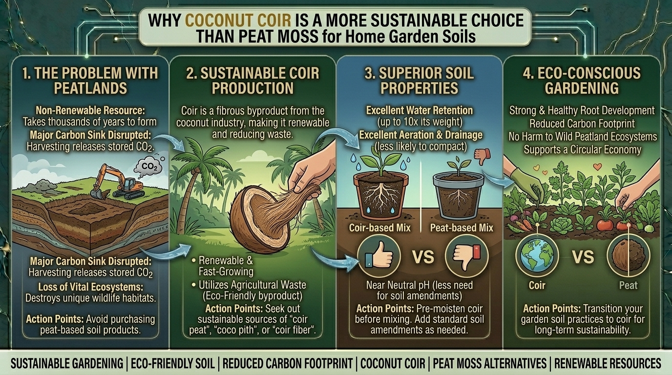 Why peat moss alternatives like coconut coir are better for sustainable home garden soil mixtures.